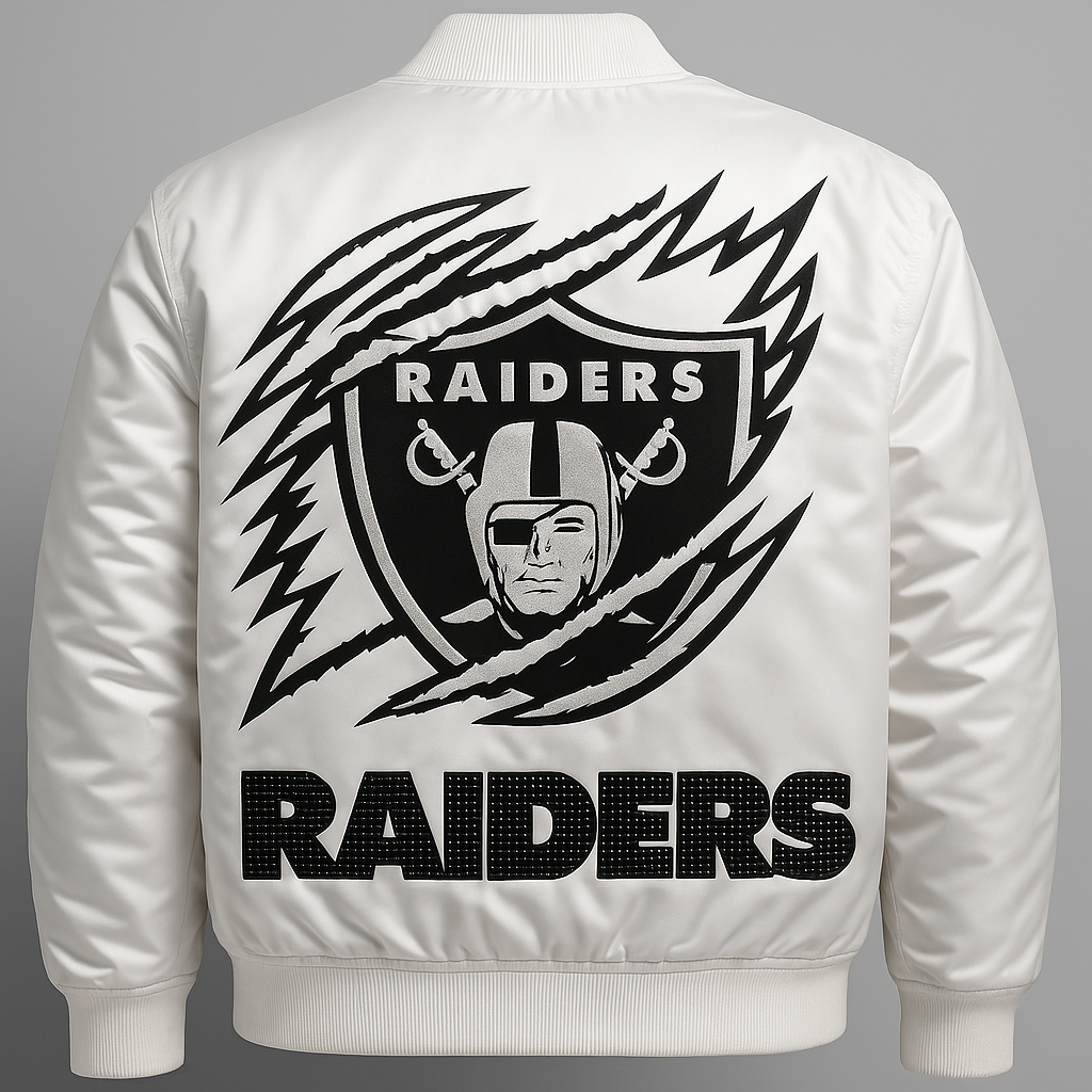 Custom Raiders White Bomber Jacket - Textured Vinyl & Metallic Stud Detail