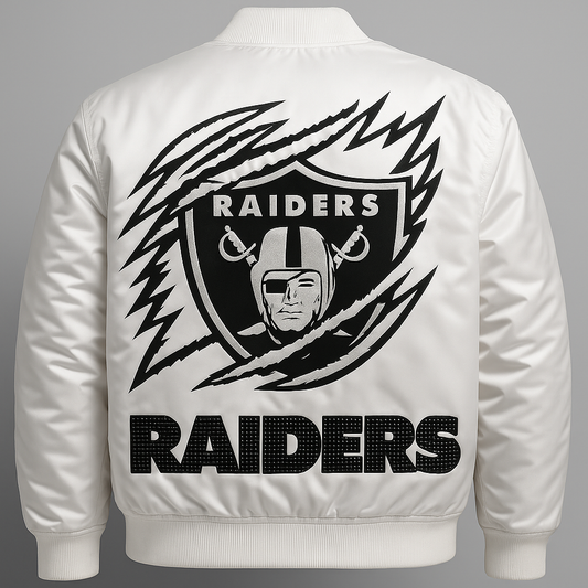 Custom Raiders White Bomber Jacket - Textured Vinyl & Metallic Stud Detail