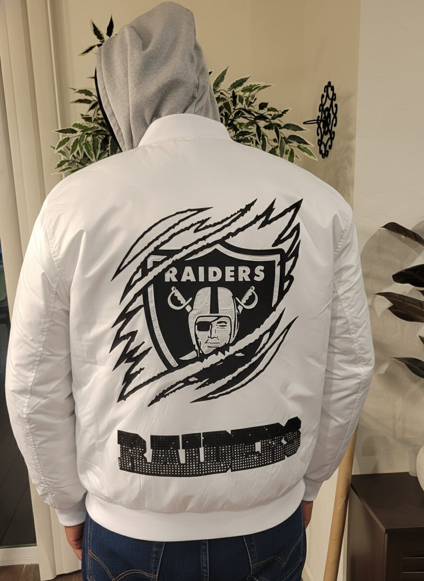Custom Raiders White Bomber Jacket - Textured Vinyl & Metallic Stud Detail