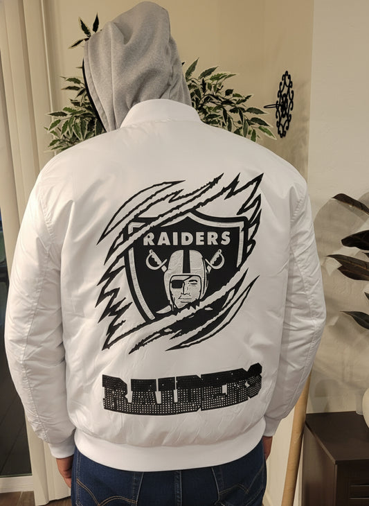 Custom Raiders White Bomber Jacket - Textured Vinyl & Metallic Stud Detail
